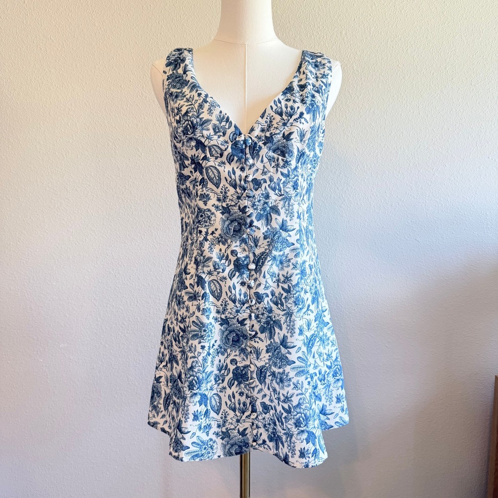 Peppermayo Blue Toile Floral Button Front Mini Dress US 6 Victorian Summer Party